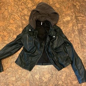 Free People Faux Peather jacket with detachable hoodie.